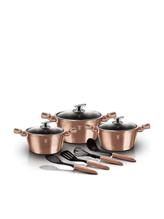 Berlinger Haus Metallic Line Pots Set Made of Aluminum Rose Gold Collection with Stone Coating 3 Pieces