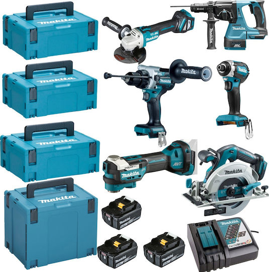 Makita DLX6126JX1 Σετ Γωνιακός Τροχός, Δισκοπρίονο, Δραπανοκατσάβιδο, Παλμικό Κατσαβίδι, Πολυεργαλείο & Σκαπτικό 18V με 3 Μπαταρίες 5Ah και Θήκη