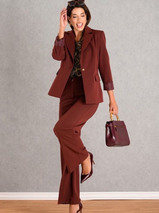 Women's High-waisted Fabric Trousers with Elastic Wine