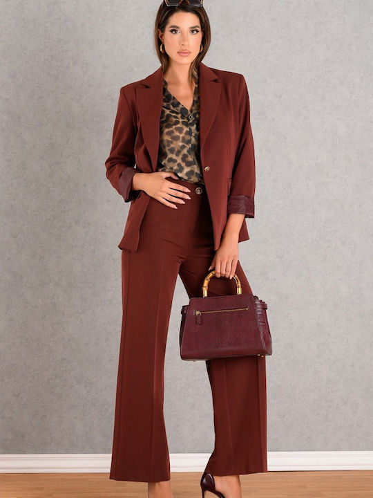 Women's High-waisted Fabric Trousers with Elastic Wine