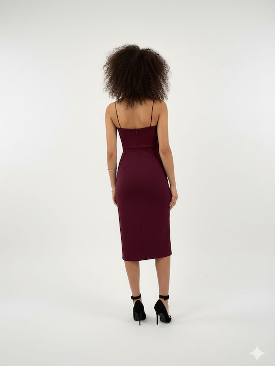 Summer Midi Evening Dress with Slit Burgundy