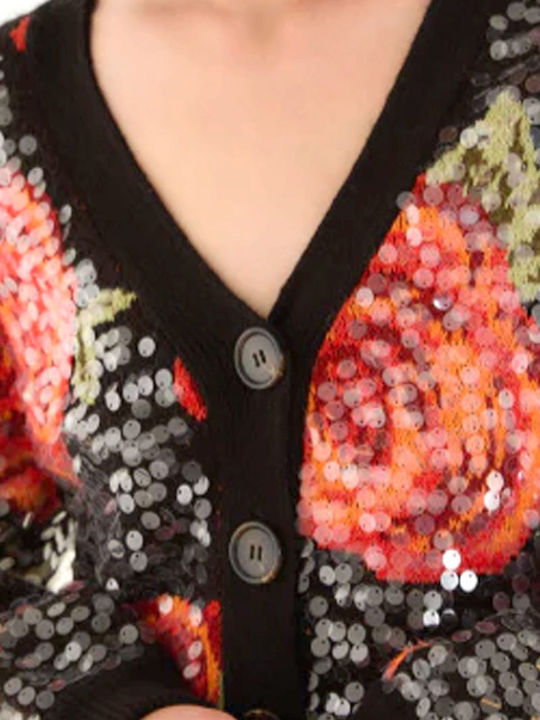 Women's Knitted Cardigan with Buttons Black-Red