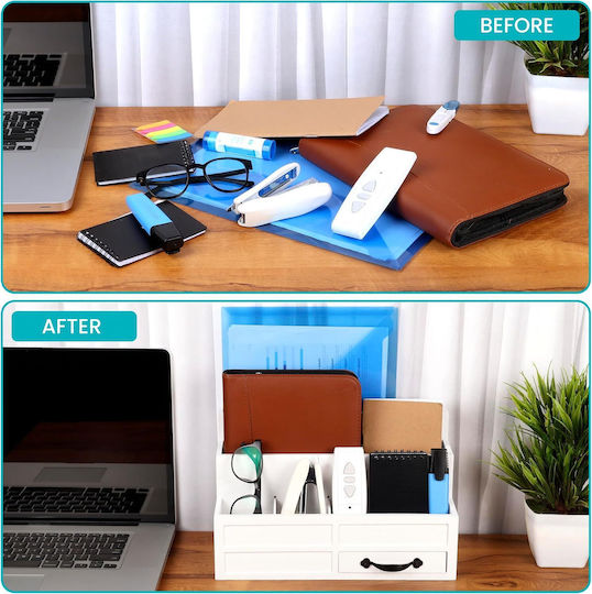 Organizator de Birou Belle Vous 5 Compartimente 1 Sertar 31 X 15 X 19 Cm din Lemn Alb