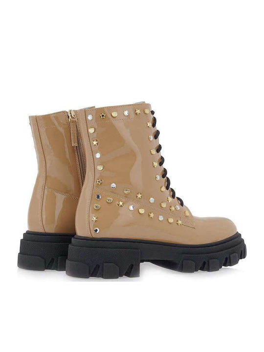 Women's Patent Leather Ankle Boots with Medium Heel Beige
