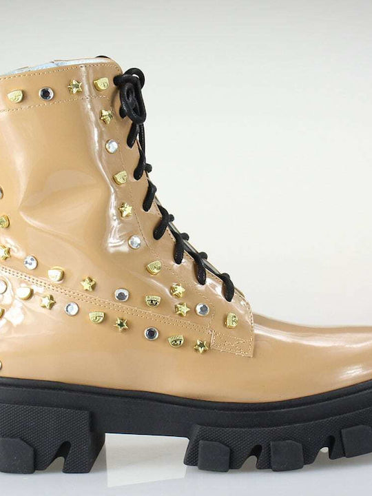 Women's Patent Leather Ankle Boots with Medium Heel Beige
