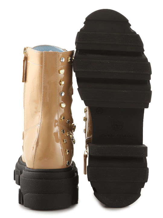 Women's Patent Leather Ankle Boots with Medium Heel Beige