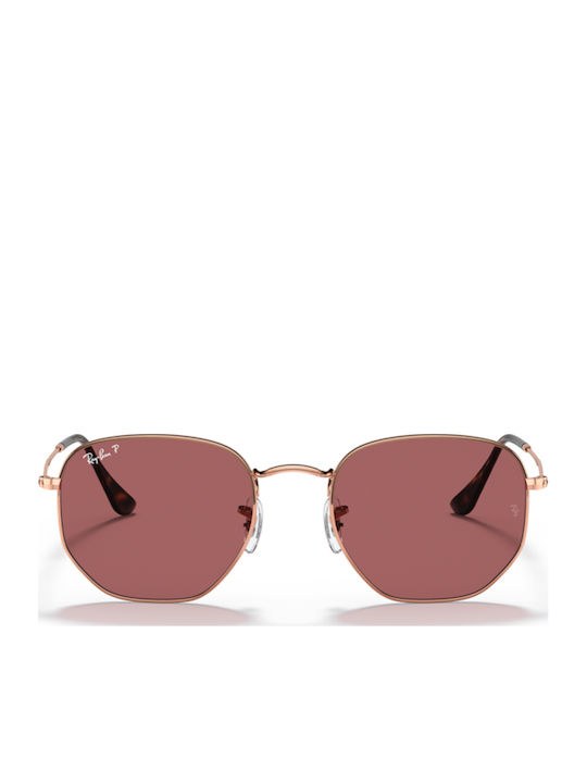 Ray Ban Hexagonal Unisex Γυαλιά Ηλίου με Ροζ Χρυσό Μεταλλικό Σκελετό και Μωβ Polarized Φακό
