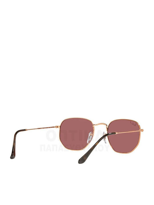 Ray Ban Hexagonal Unisex Γυαλιά Ηλίου με Ροζ Χρυσό Μεταλλικό Σκελετό και Μωβ Polarized Φακό