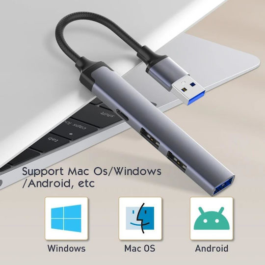 Techsuit Hub 4 Θυρών USB 3.0 με σύνδεση USB-A Γκρι