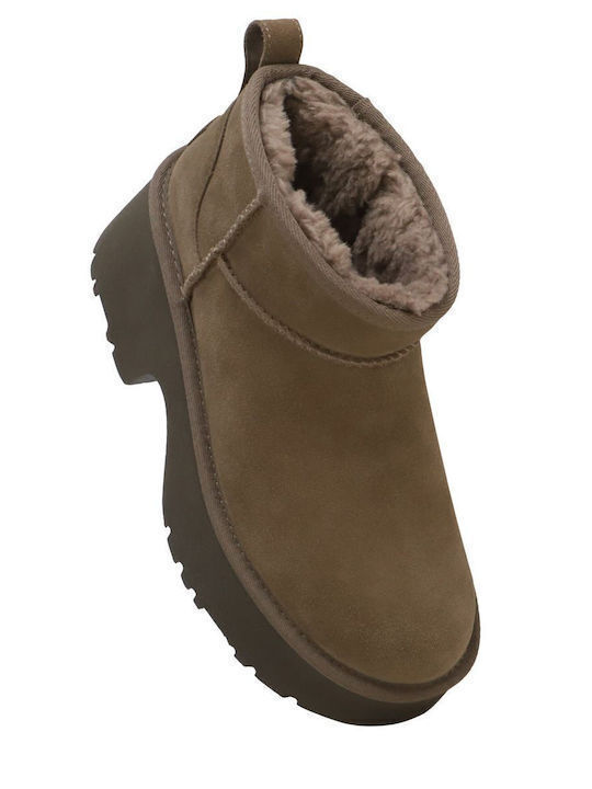 Classic Ultra Mini Leather Women's Ankle Boots with Medium Heel & Fur Brown