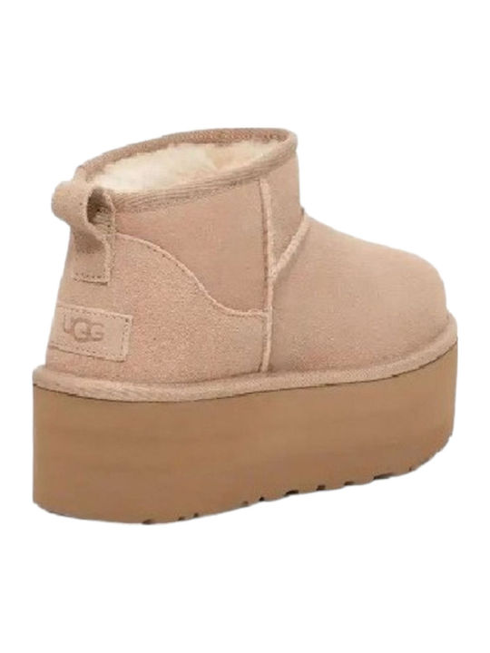 Classic Ultra Mini Platform Leather Women's Ankle Boots with Fur Sand