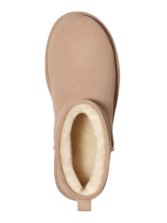 Classic Ultra Mini Platform Leather Women's Ankle Boots with Fur Sand