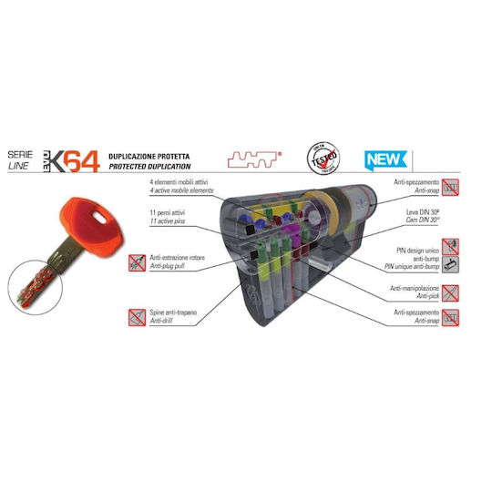 Securemme Lock Cylinder Security 80mm (30-50) with 5 Keys Silver