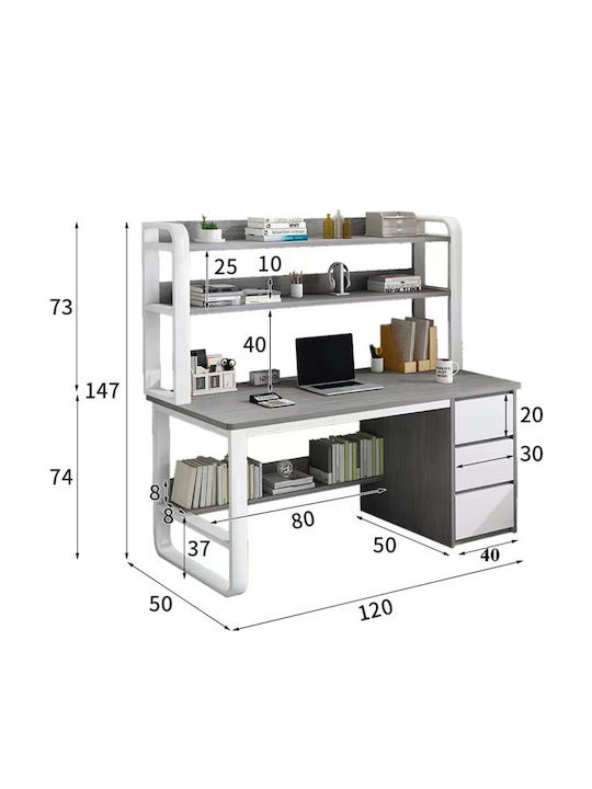 Desk Soco Wooden with Bookshelf Gray / White with Metal Legs 120x50x147cm