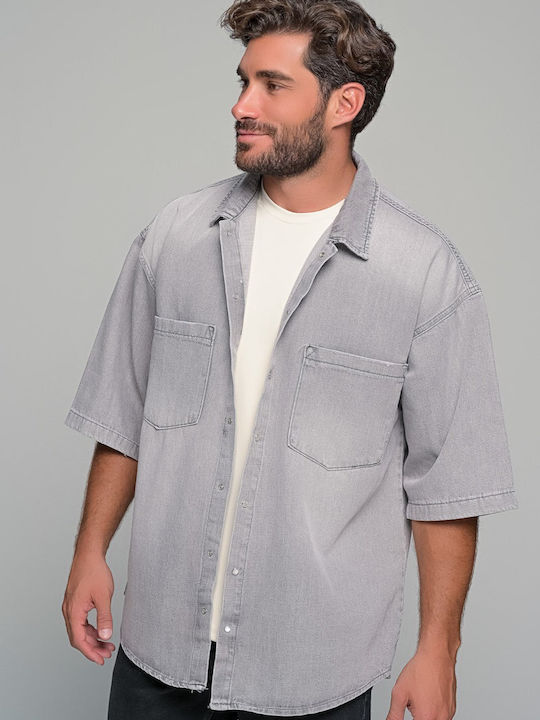 Κοντομάνικο Τζιν Πουκάμισο σε Oversized Γραμμή Γκρι