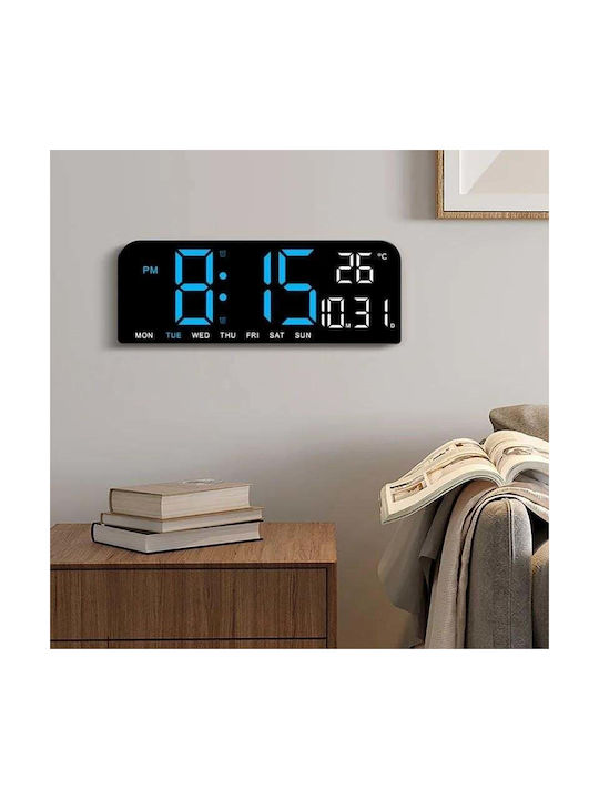Ceas De Masă Și Perete Digital Lumină Led Albastră Calendar Cronometru Alarmă Termometru Funcție Amânare 2 Moduri De Iluminare Dimensiune 24x9cm Negru Albastru