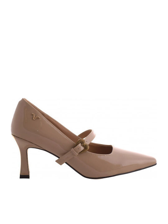 Pumps aus Lackleder mit Riemchen & Hochem Absatz Beiges