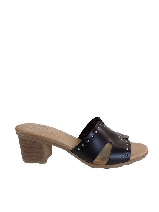 Leather Mules with Chunky High Heel in Black Color