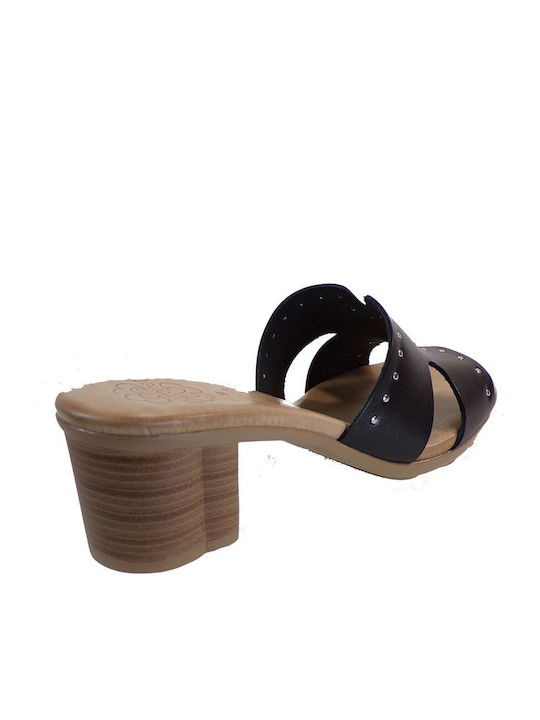 Leather Mules with Chunky High Heel in Black Color