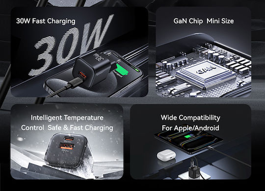 Usams Ladegerät ohne Kabel GaN mit USB-A Anschluss und USB-C Anschluss 30W Schwarzs (CC263)