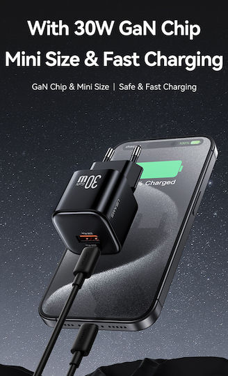 Usams Ladegerät ohne Kabel GaN mit USB-A Anschluss und USB-C Anschluss 30W Schwarzs (CC263)