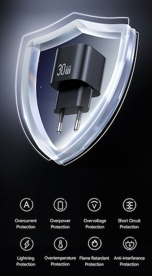 Usams Ladegerät ohne Kabel GaN mit USB-A Anschluss und USB-C Anschluss 30W Schwarzs (CC263)