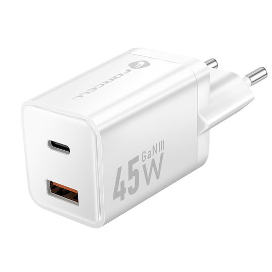 Forcell Φορτιστής Χωρίς Καλώδιο GaN με Θύρα USB-A και Θύρα USB-C 45W Power Delivery / Quick Charge 4.0 Λευκός (F-Energy Mini VT-36)