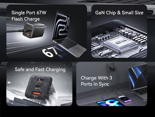 Usams Charger Without Cable GaN with USB-A Port and 2 USB-C Ports 67W Power Delivery Blacks (CC265)