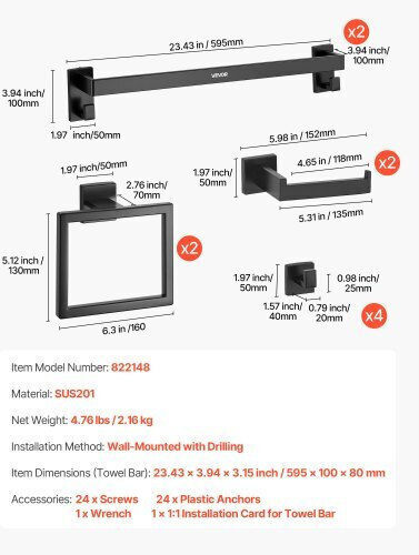 Vevor Matte Black Bathroom Accessories Set 10 Pieces 2 Towel Bars Stainless Steel 24-in 60.96 cm 2 Towel Racks 4 Towel Robe Hooks 2 Toilet Paper Holders Bathroom Wall-Mounted