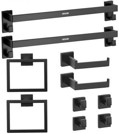 Vevor Matte Black Bathroom Accessories Set 10 Pieces 2 Towel Bars Stainless Steel 24-in 60.96 cm 2 Towel Racks 4 Towel Robe Hooks 2 Toilet Paper Holders Bathroom Wall-Mounted