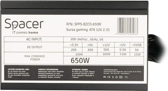 Spacer 650W Black Computer Power Supply Full Wired 80 Plus Bronze (BZCO-650)