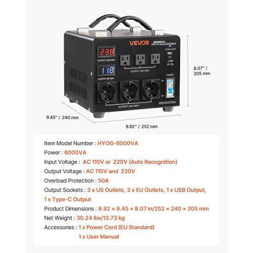 Vevor SXDYZHQZD110QYQQU001V2 Transformator de la 220V la 110V 6000VA