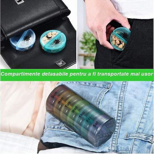 Cutie de Depozitare Medicamente Flippy 7 Zile 14 Compartimente Cutie Suport Containere Detasabile Portabile Containere Colorate Suport Negru 17.5x11x9.5 Cm