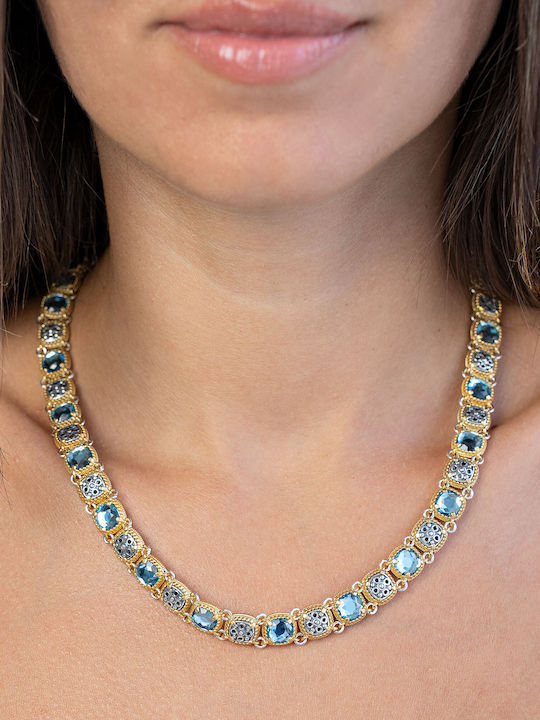 Dimitrios Exclusive Double Necklace Made of Gold Plated Silver Blue