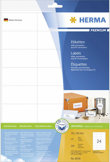 Herma 240 Αυτοκόλλητες Ετικέτες Α4 Ορθογώνιες 70x36mm