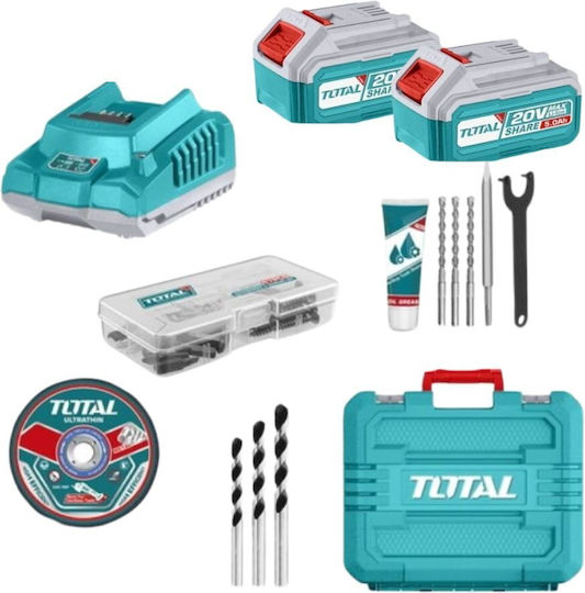 Total Set Angle Wheel & Impact Drill Driver & Hammer Brushless 20V with 2 Batteries 5Ah and Case