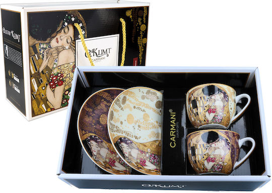 Set 2 Tassen Untertassen G Klimt Kuss Creme Braun Hintergrund Carmani