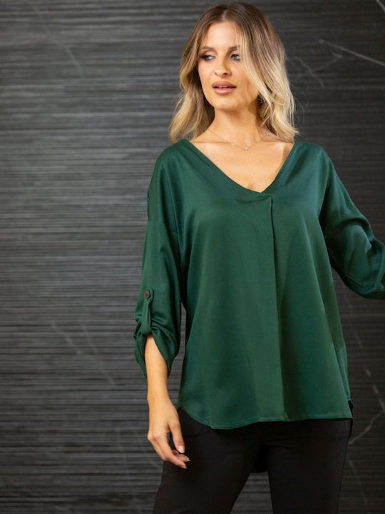 Women's Blouse Long Sleeve with V Neckline Green