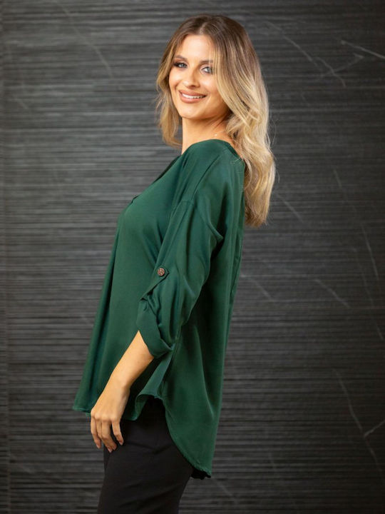 Women's Blouse Long Sleeve with V Neckline Green