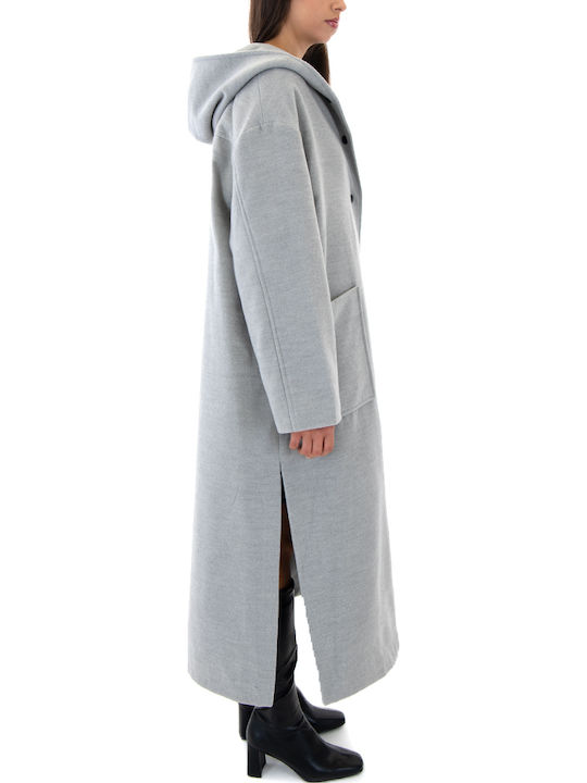 Γυναικείο Γκρι Παλτό Oversized με κουκούλα
