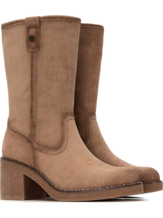 Suede Medium Heel Women's Boots Beige