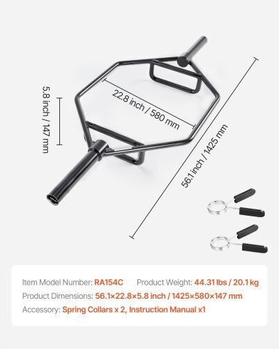 Vevor Trap Bar Olympic Type Φ50mm 20.1kg 142.5cm Length with Lock Jaw Collars