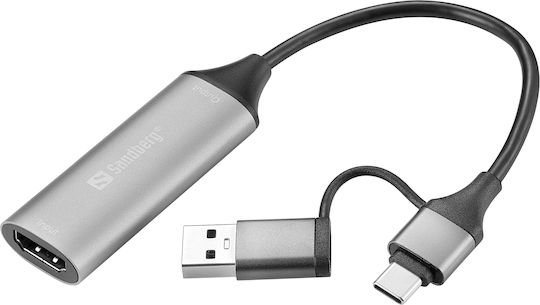 Sandberg Link To Конвертор HDMI мъжки към USB-A / USB-C женски Сив 1бр