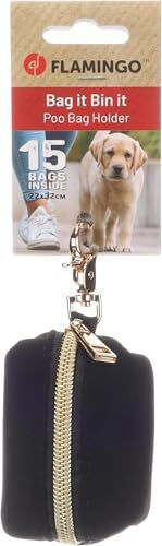 Flamingo Poop Bag Dispenser Mirko Black 8x5x5cm 1 Roll Zipper Carabiner Hook