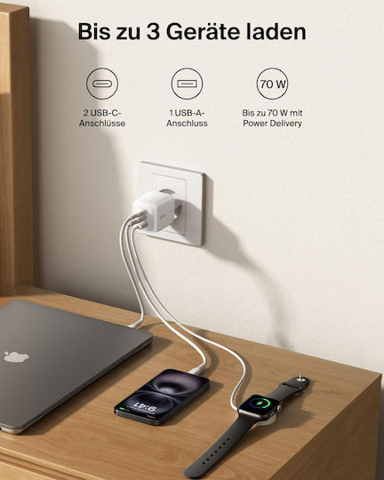Belkin 3-port Usb C Charger 70w Gan Charger Including Plugs Usa Uk Eu 2 Usb-c Ports 1 Usb-a Port Fast Charger Macbook Iphone Ipad Pro Samsung Galaxy Pixel Etc – White