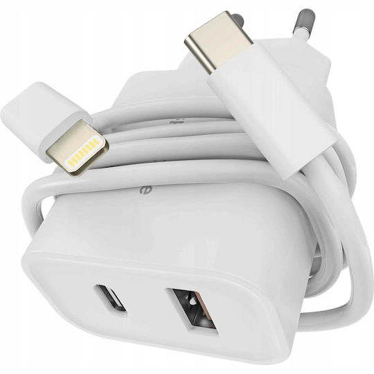 Spacecase Charger with USB-A Port and USB-C Port and Cable USB-C - Lightning 20W Power Delivery / Quick Charge 3.0 Whites (PowerSet)