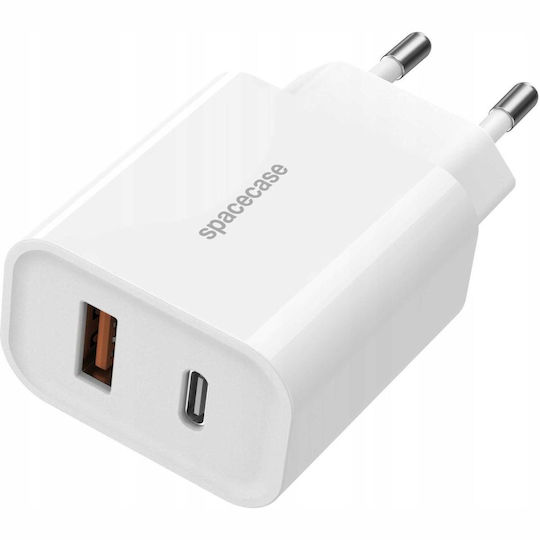 Spacecase Charger with USB-A Port and USB-C Port and Cable USB-C - Lightning 20W Power Delivery / Quick Charge 3.0 Whites (PowerSet)