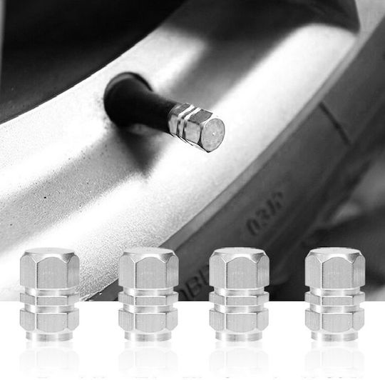 Set Silver Hexagon Valve Caps 4 Pcs