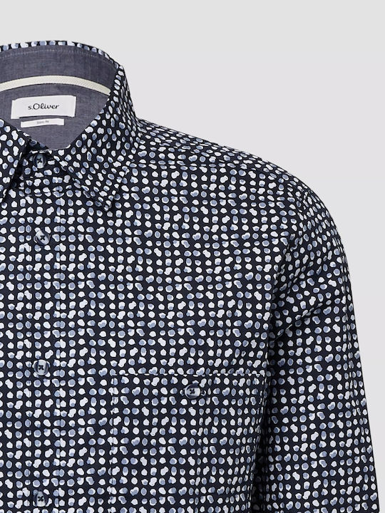 Cu mânecă lungă Bumbac Cămașă în Linie ingusta Cu buline Dark Navy
