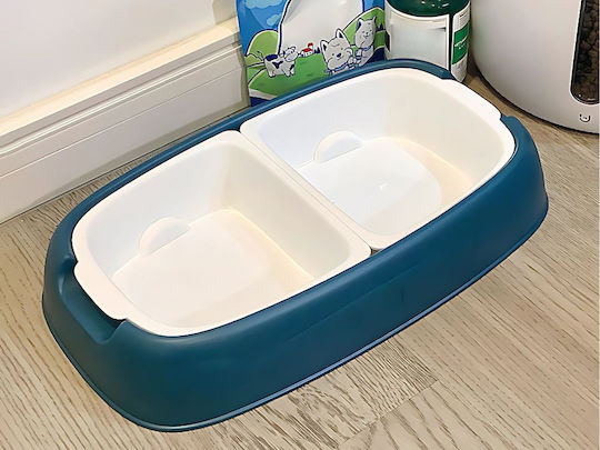 Пластмаса Купа Храна & Вода за Куче & Котка с Основа 2x 600мл 34.5см в Син Цвят